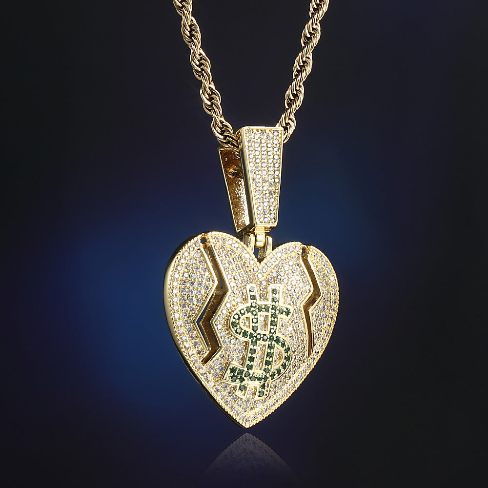14K Gold Iced Out Broken Heart and Dollar Pendant Tripodjewelry