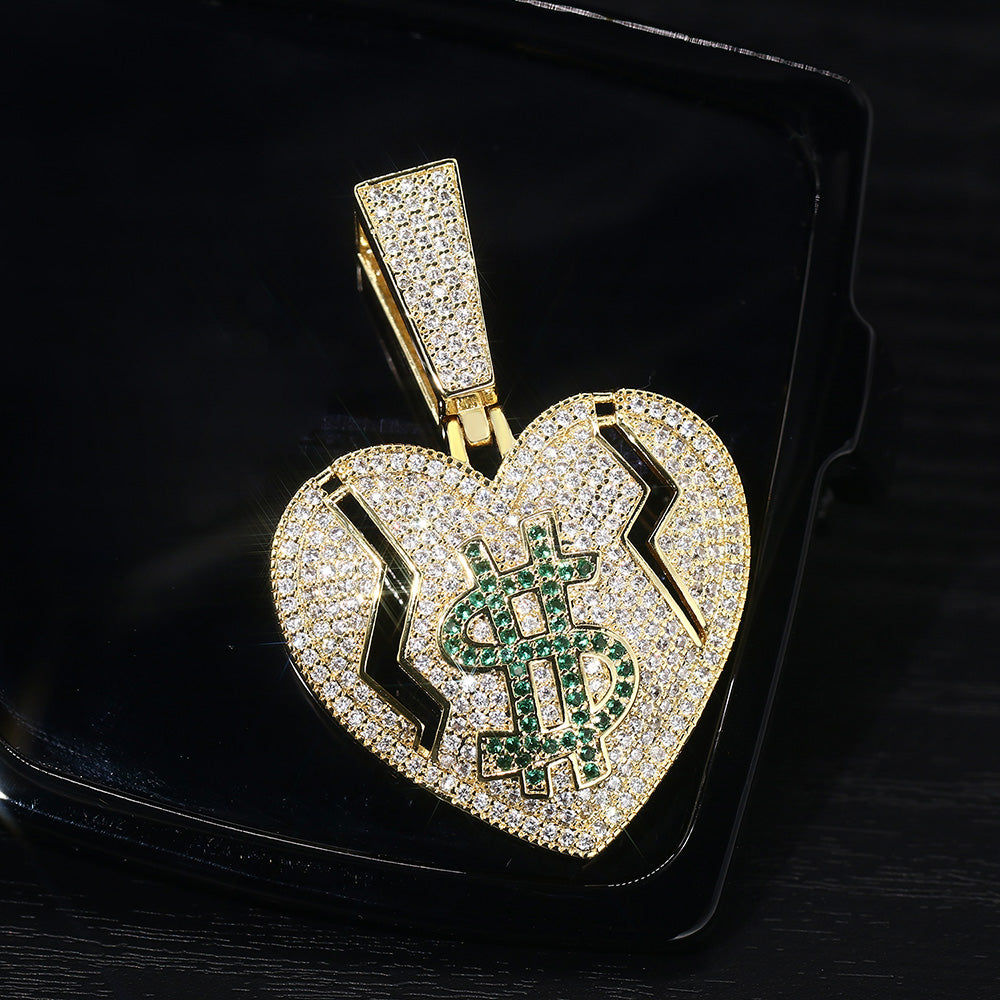 14K Gold Iced Out Broken Heart and Dollar Pendant Tripodjewelry