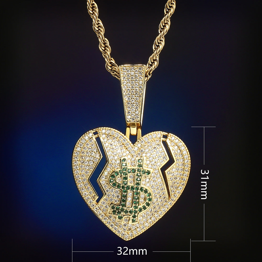 14K Gold Iced Out Broken Heart and Dollar Pendant Tripodjewelry