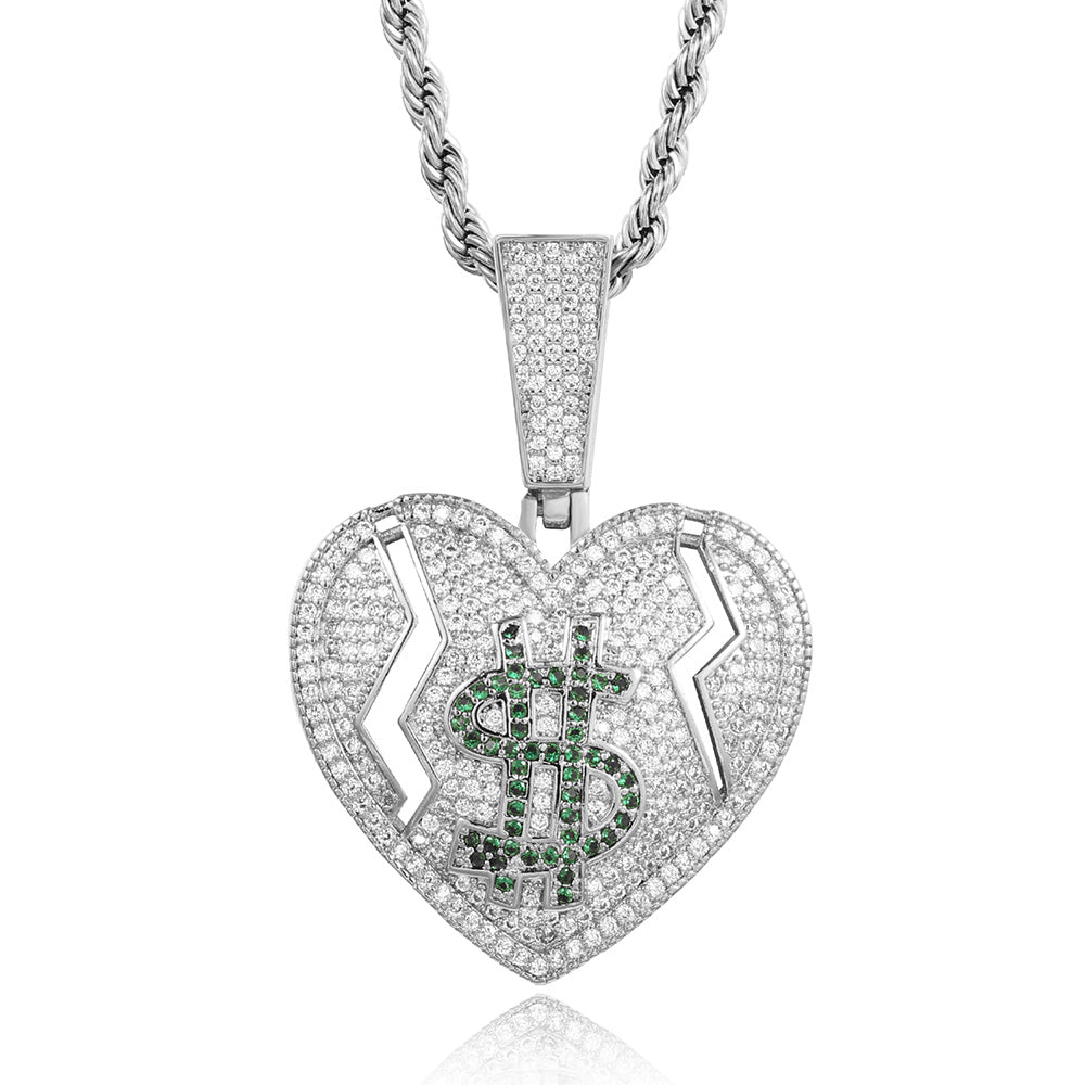White Gold Iced Out Broken Heart and Dollar Pendant Tripodjewelry
