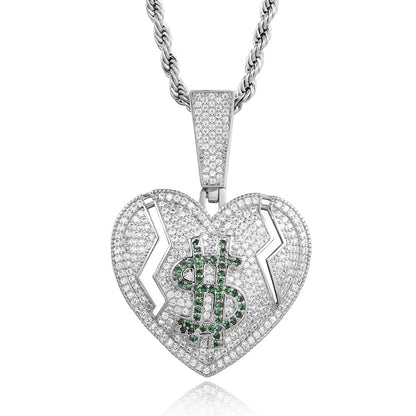 White Gold Iced Out Broken Heart and Dollar Pendant Tripodjewelry