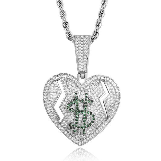 White Gold Iced Out Broken Heart and Dollar Pendant Tripodjewelry