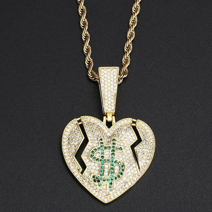 14K Gold Iced Out Broken Heart and Dollar Pendant Tripodjewelry