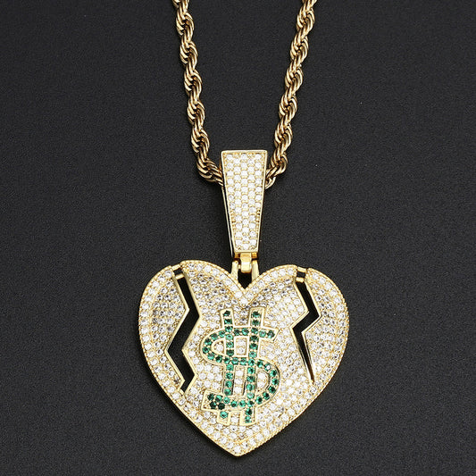 14K Gold Iced Out Broken Heart and Dollar Pendant Tripodjewelry