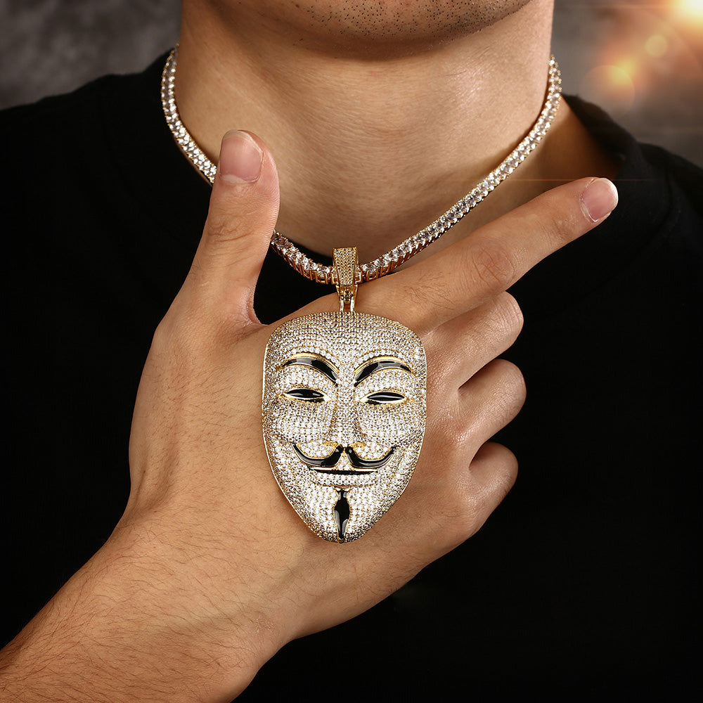 14K Gold Iced Out Vendetta Mask Pendant Necklace Tripodjewelry