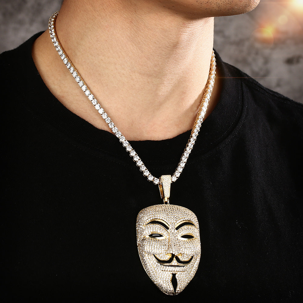 14K Gold Iced Out Vendetta Mask Pendant Necklace Tripodjewelry