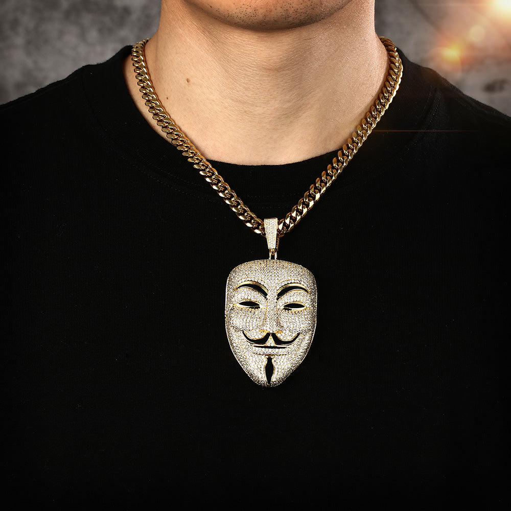 14K Gold Iced Out Vendetta Mask Pendant Necklace Tripodjewelry