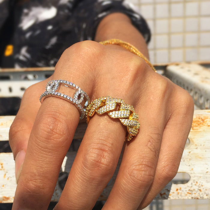 18K Gold Iced Cuban Link Ring Tripodjewelry