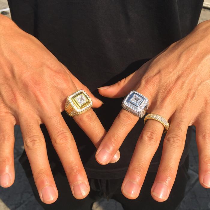 14K Gold Iced Out Square Ring Tripodjewelry