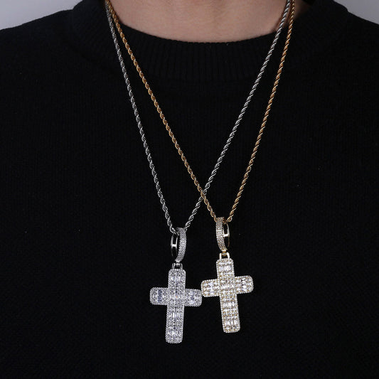 White Gold Iced Baguette Cross Pendant Tripodjewelry