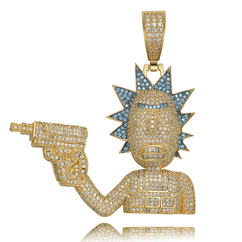 Gold/White Gold Rick And Morty Iced Pendant Hip Hop Jewelry Tripodjewelry