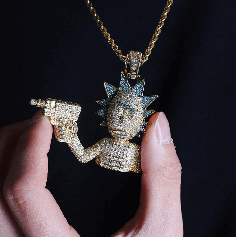 Gold/White Gold Rick And Morty Iced Pendant Hip Hop Jewelry Tripodjewelry