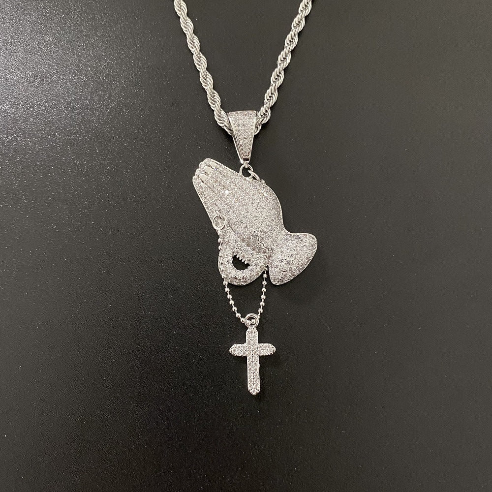 Hip Hop Prayer Hands with Zirconia Cross Pendant Necklace Tripodjewelry
