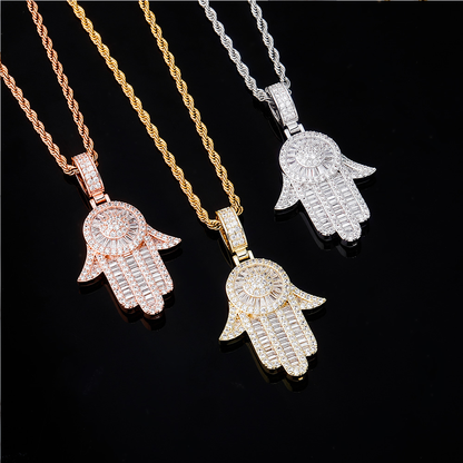 Rose Gold Baguette Iced Out Hamsa Hand Pendant Tripodjewelry
