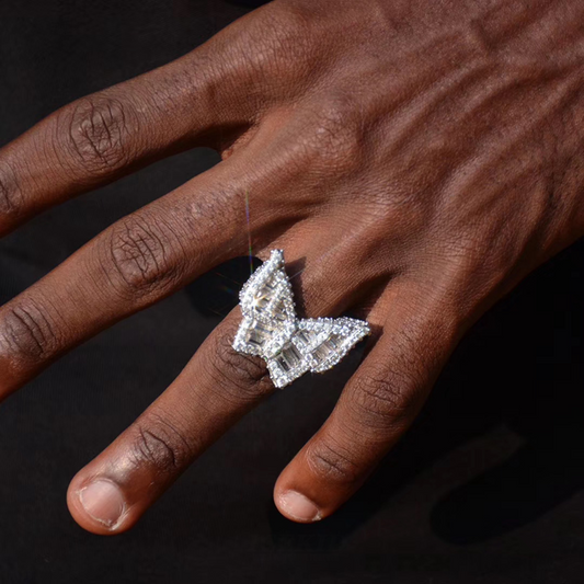 White Gold Iced Out Baguette Butterfly Ring