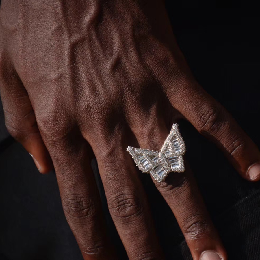 White Gold Iced Out Baguette Butterfly Ring