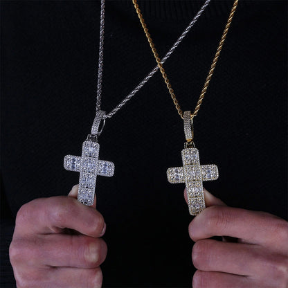 White Gold Iced Baguette Cross Pendant Tripodjewelry
