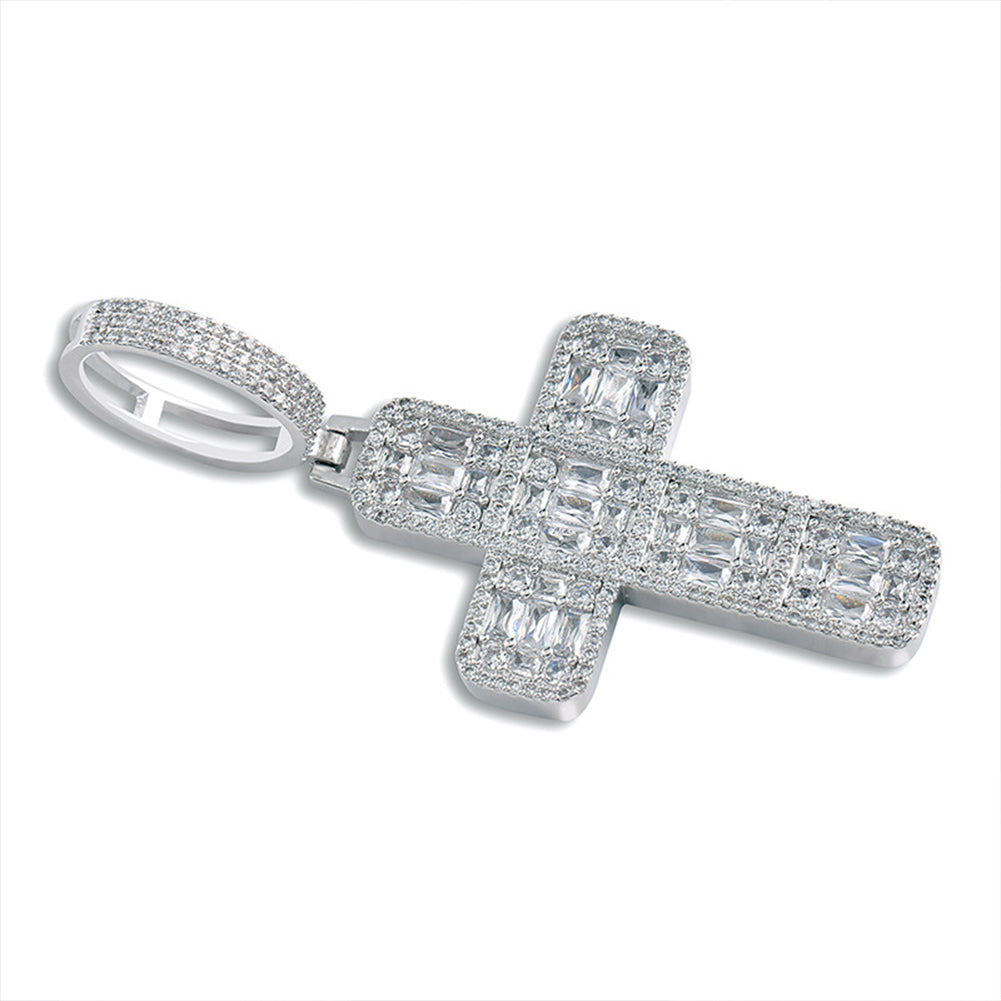 White Gold Iced Baguette Cross Pendant Tripodjewelry