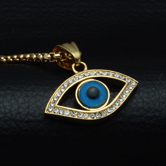 18K Gold Iced Evil Eye Pendant Necklace Tripodjewelry
