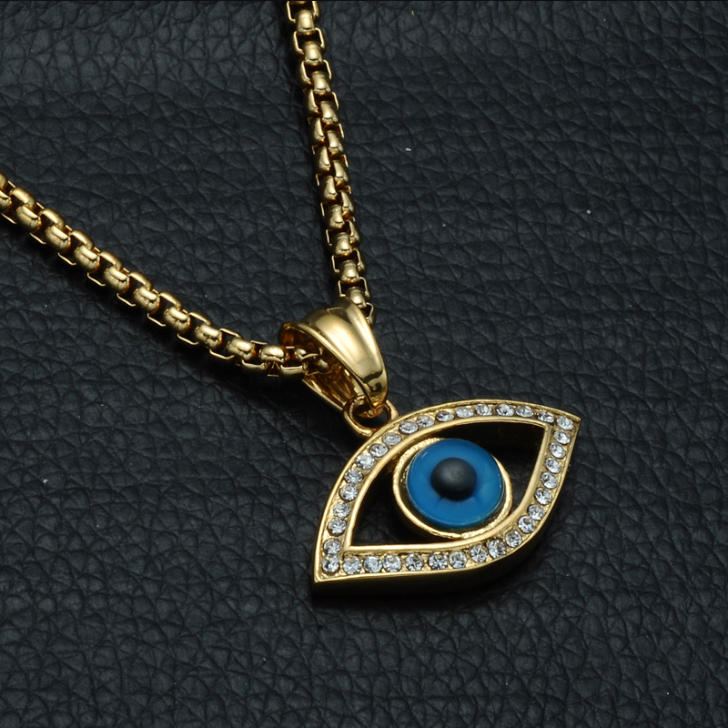 18K Gold Iced Evil Eye Pendant Necklace Tripodjewelry