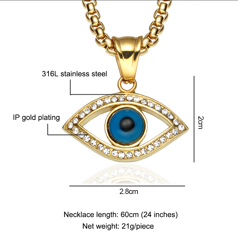 18K Gold Iced Evil Eye Pendant Necklace Tripodjewelry