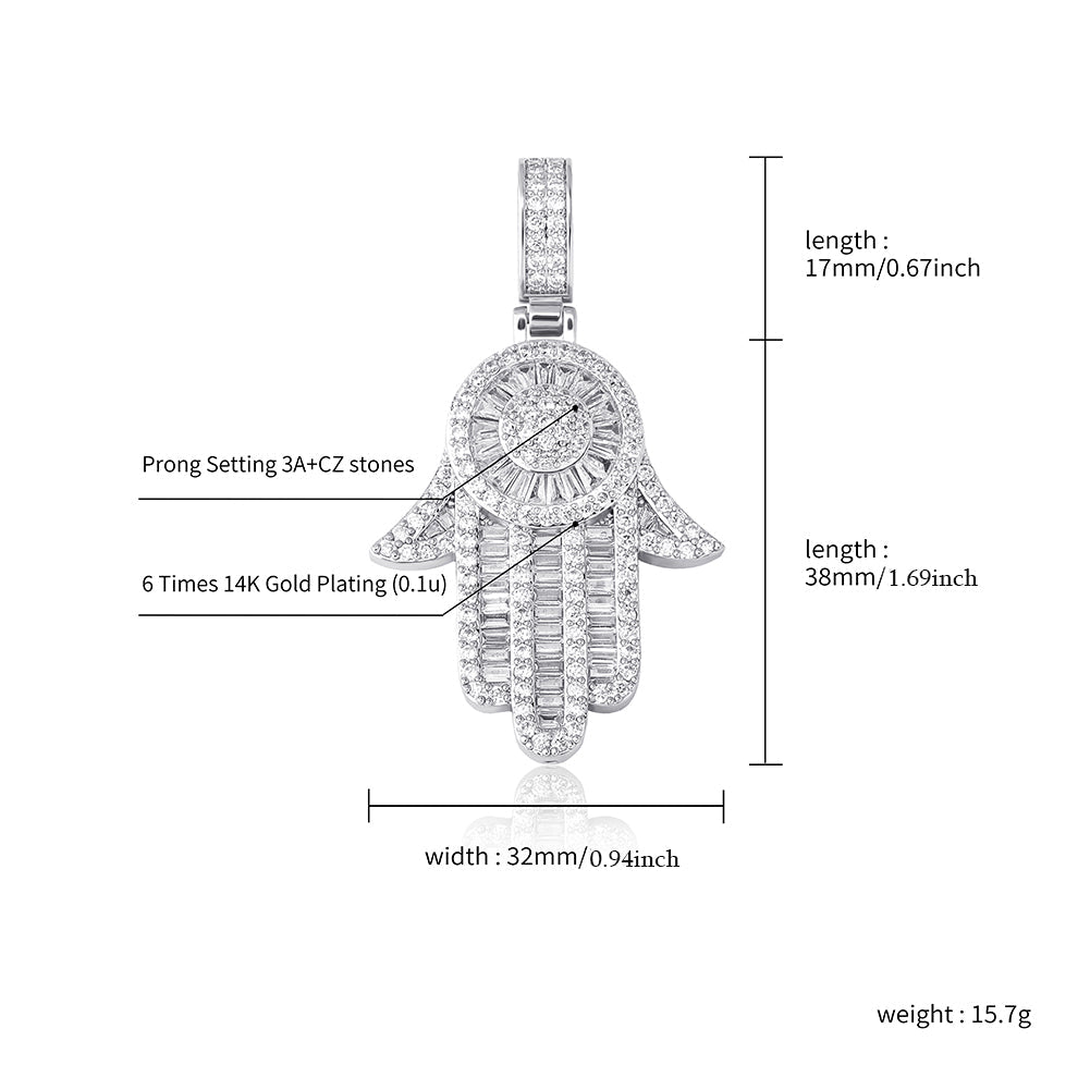 White Gold Baguette Iced Out Hamsa Hand Pendant With 8MM Miami Cuban Chain TRIPOD JEWELRY