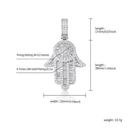 White Gold Baguette Iced Out Hamsa Hand Pendant With 8MM Miami Cuban Chain TRIPOD JEWELRY