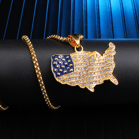 18K Gold Iced Out America Map Pendant Neckalce Tripodjewelry
