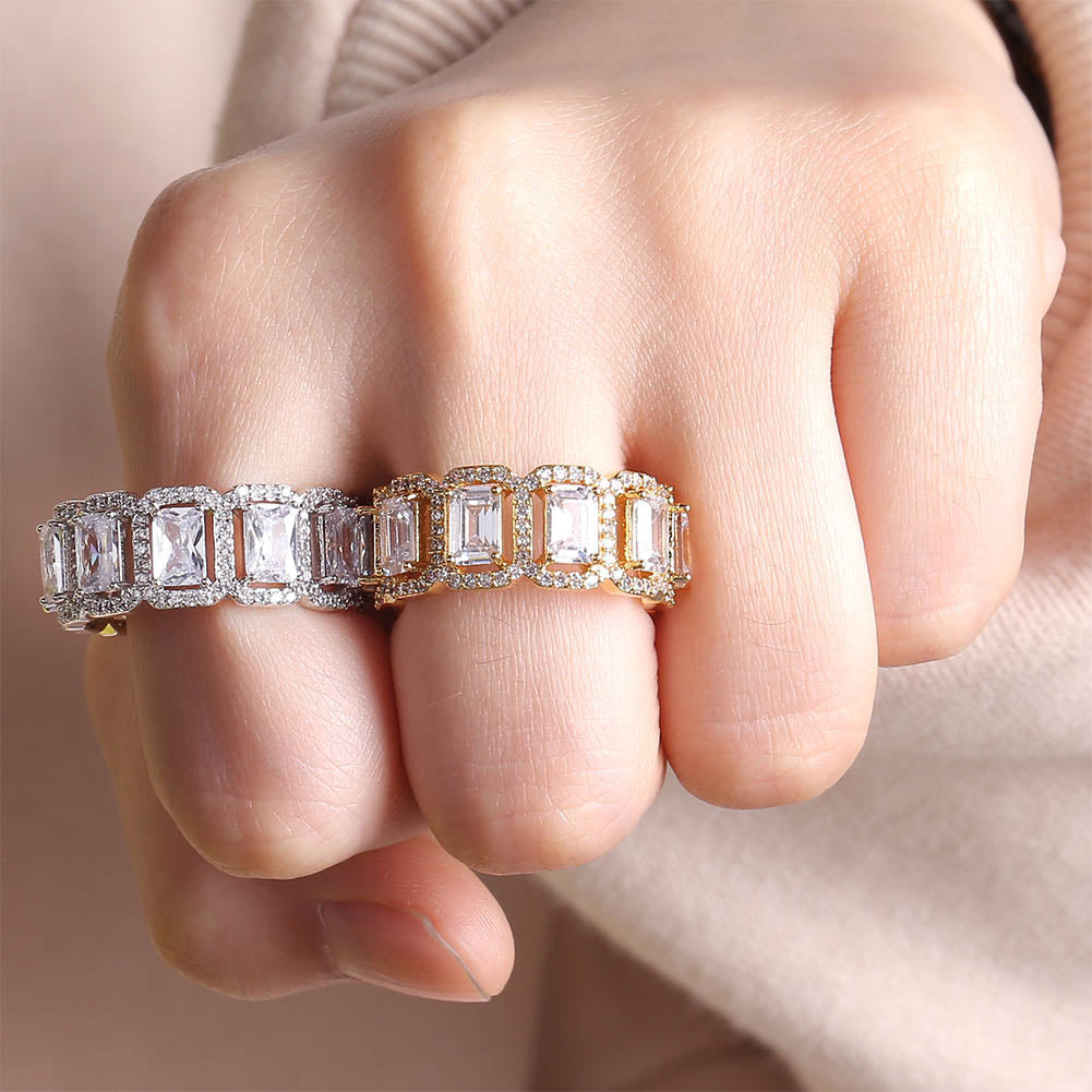 White Gold Iced Out Four Claws Baguette Ring Tripodjewelry