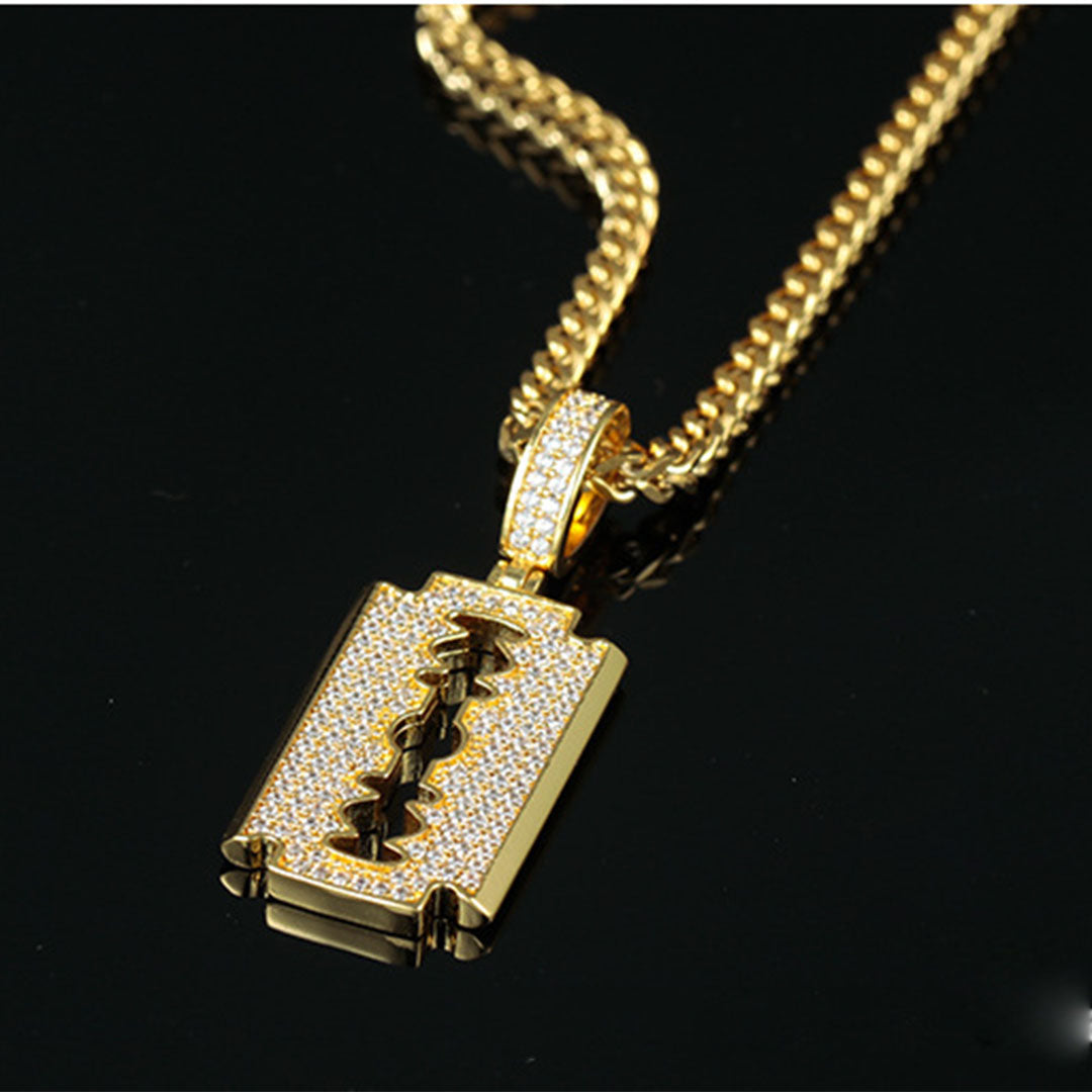 18K Gold Iced  Razor Blade Pendant