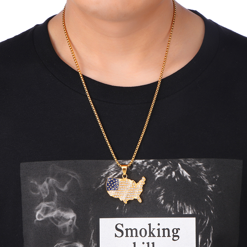 18K Gold Iced Out America Map Pendant Neckalce Tripodjewelry