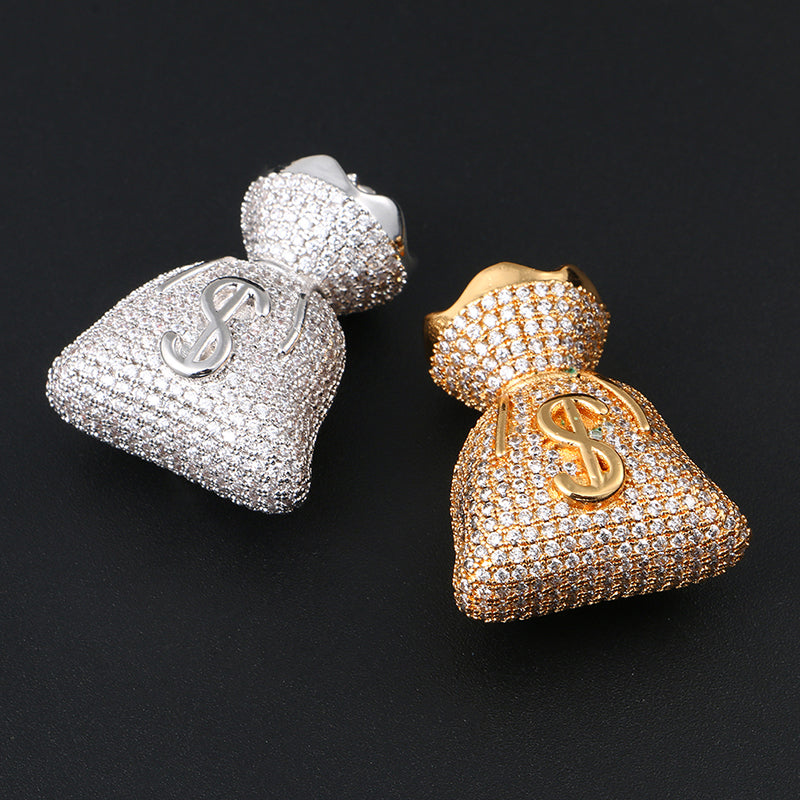 White Gold Iced Out Money Bag Pendant Tripodjewelry