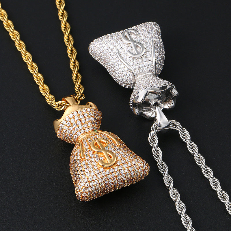White Gold Iced Out Money Bag Pendant Tripodjewelry