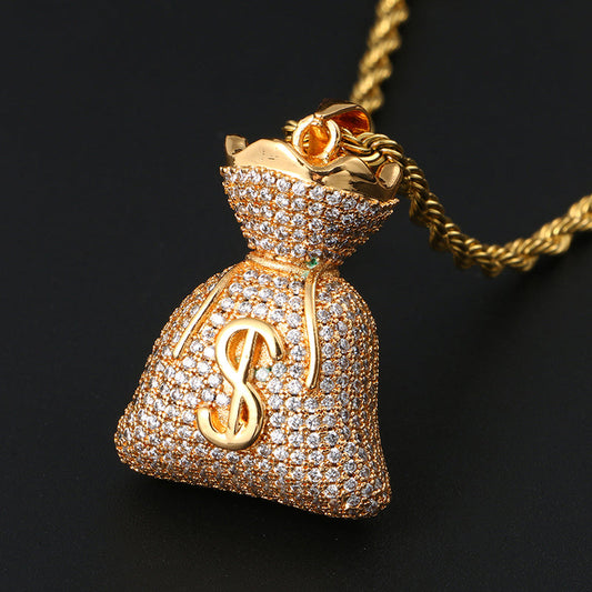 18K Gold Iced Out Money Bag Pendant Tripodjewelry