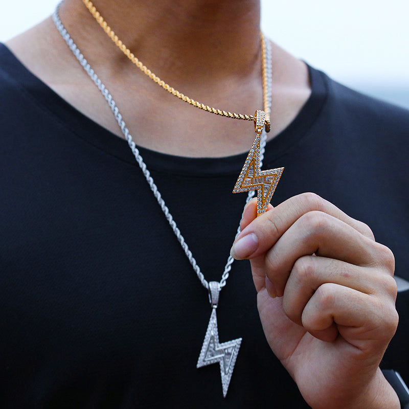 Iced Out Zircon 18k Gold Lightning Pendant Necklace Tripodjewelry
