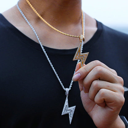 Iced Out Zircon 18k Gold Lightning Pendant Necklace Tripodjewelry