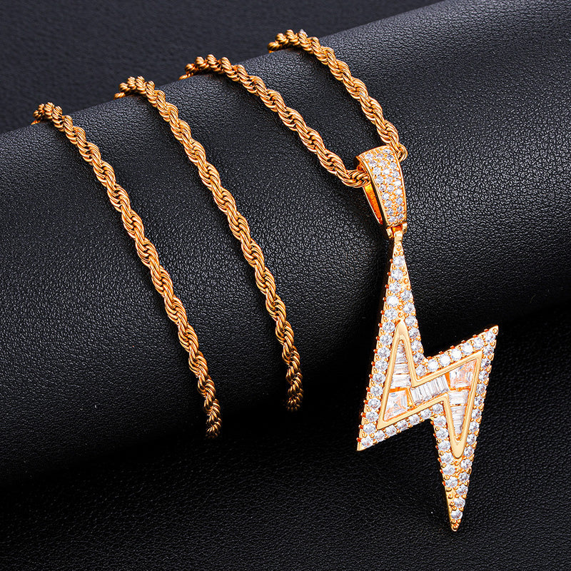 Iced Out Zircon 18k Gold Lightning Pendant Necklace Tripodjewelry