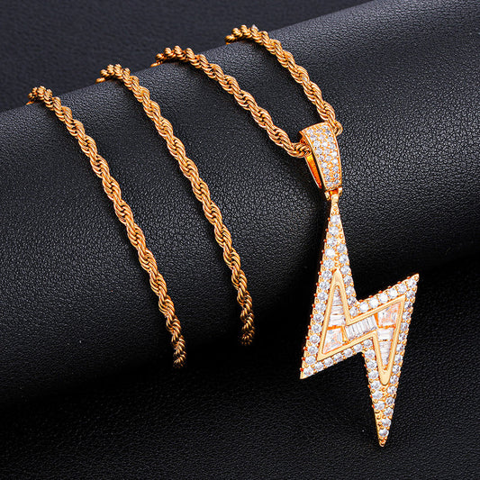 Iced Out Zircon 18k Gold Lightning Pendant Necklace Tripodjewelry