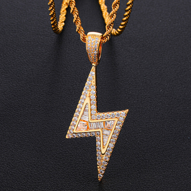 Iced Out Zircon 18k Gold Lightning Pendant Necklace Tripodjewelry
