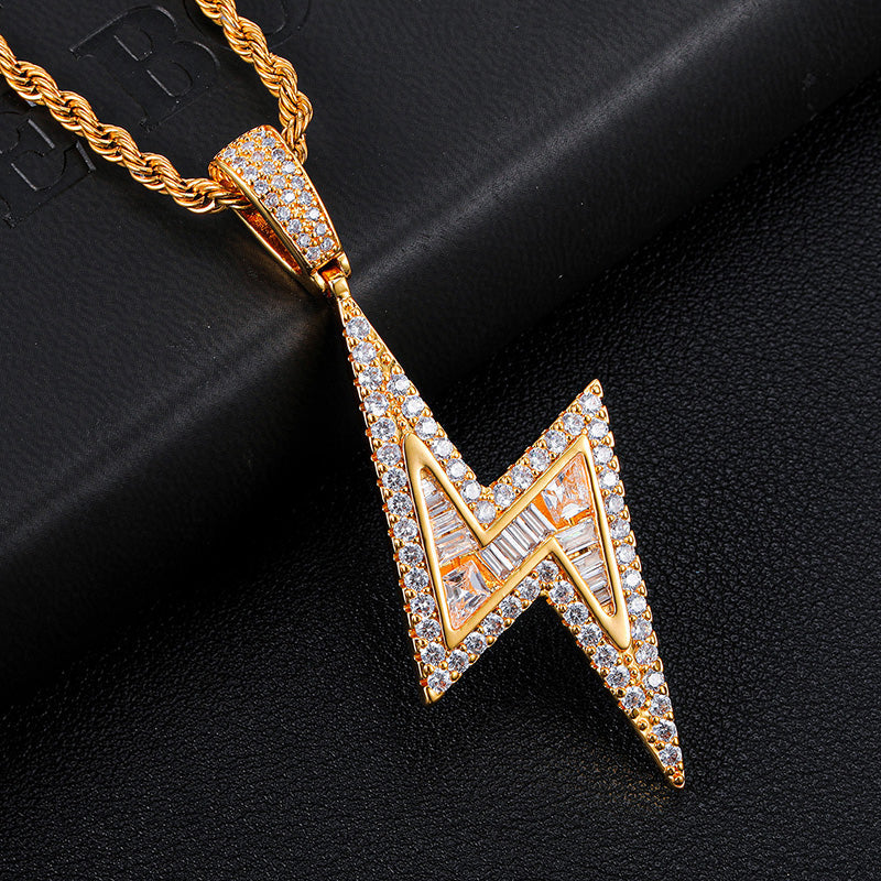Iced Out Zircon 18k Gold Lightning Pendant Necklace Tripodjewelry
