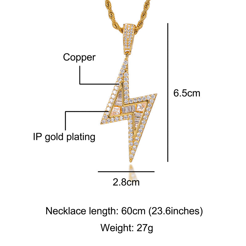 Iced Out Zircon 18k Gold Lightning Pendant Necklace Tripodjewelry