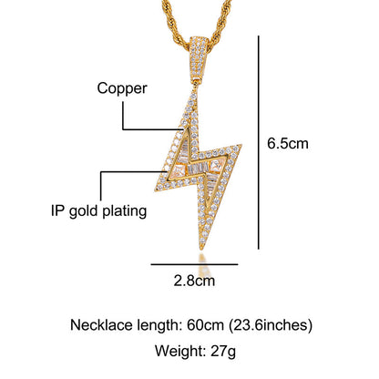 Iced Out Zircon 18k Gold Lightning Pendant Necklace Tripodjewelry