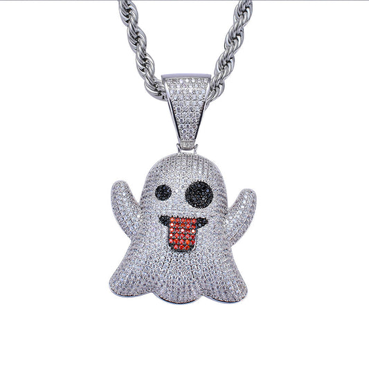 White Gold Iced Ghost Emoji Pendant Tripodjewelry
