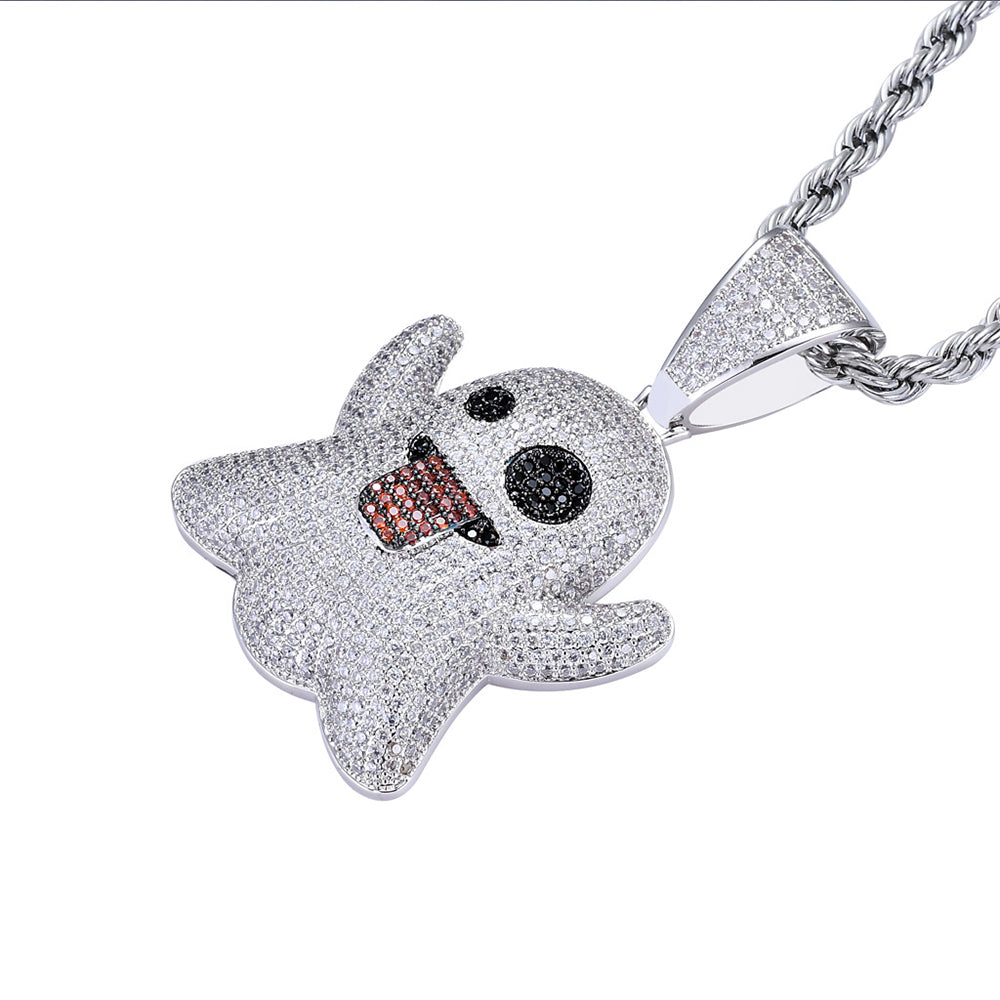 White Gold Iced Ghost Emoji Pendant Tripodjewelry