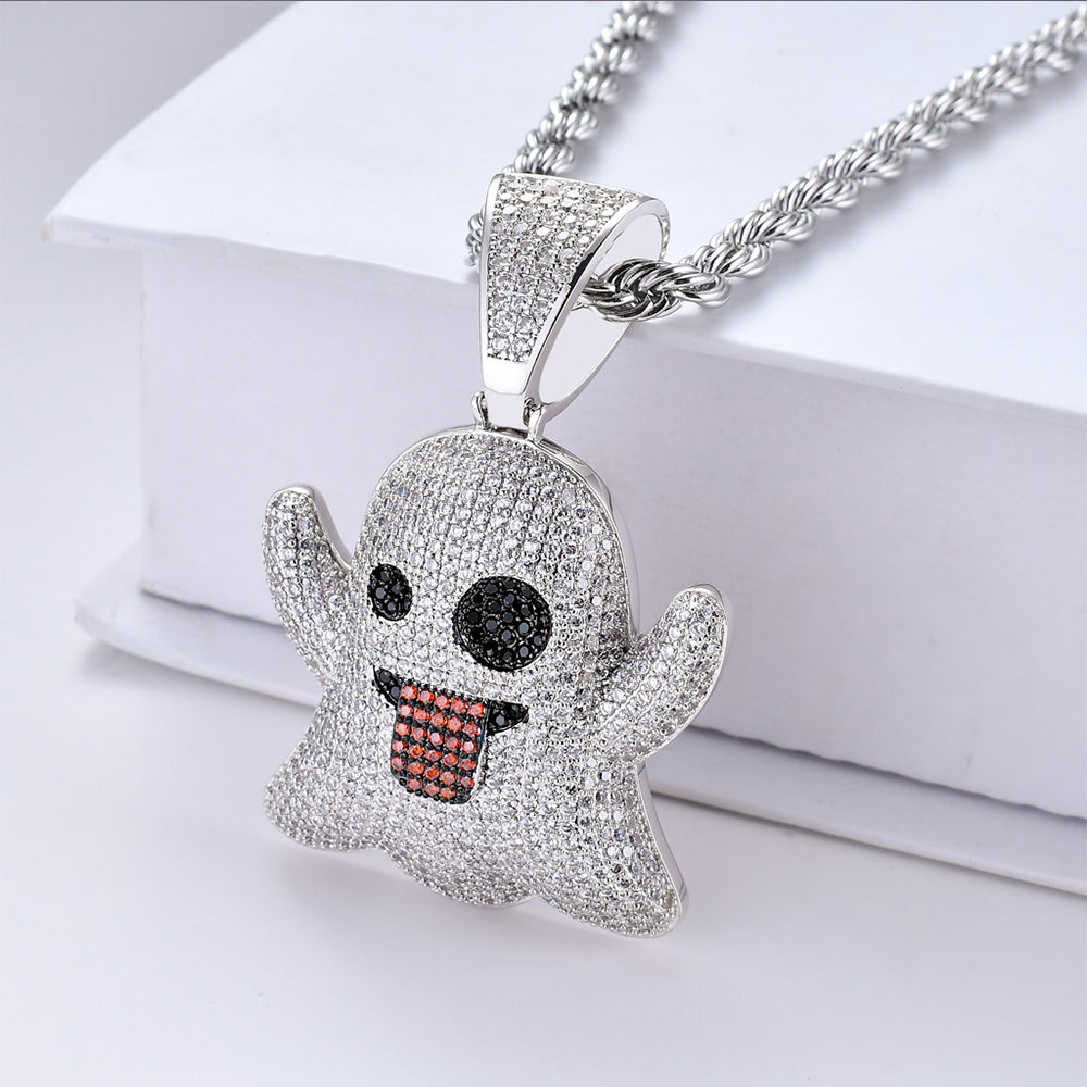 White Gold Iced Ghost Emoji Pendant Tripodjewelry