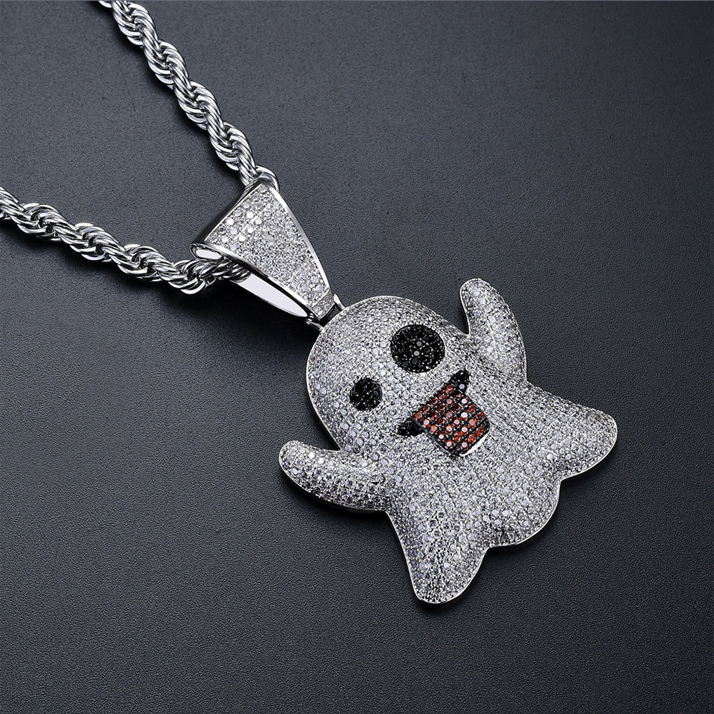 White Gold Iced Ghost Emoji Pendant Tripodjewelry