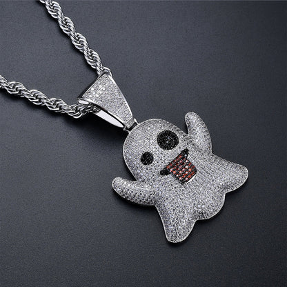 White Gold Iced Ghost Emoji Pendant Tripodjewelry
