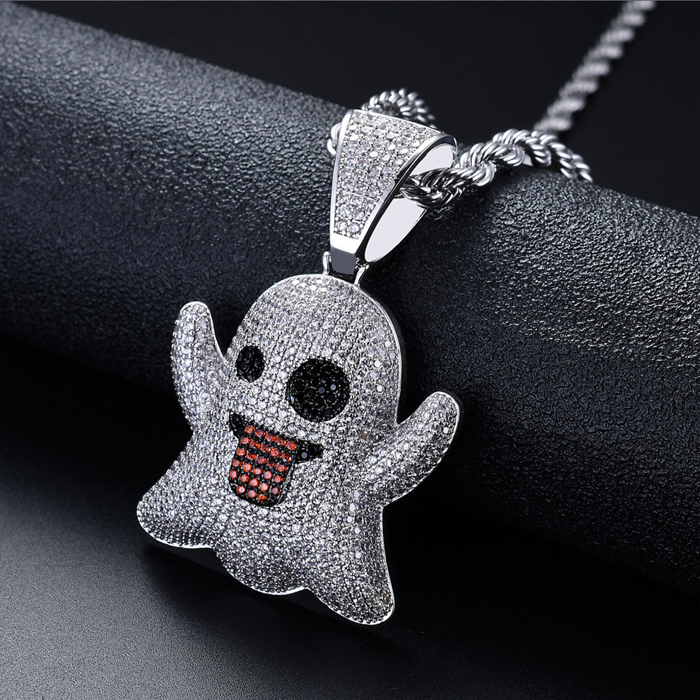 White Gold Iced Ghost Emoji Pendant Tripodjewelry