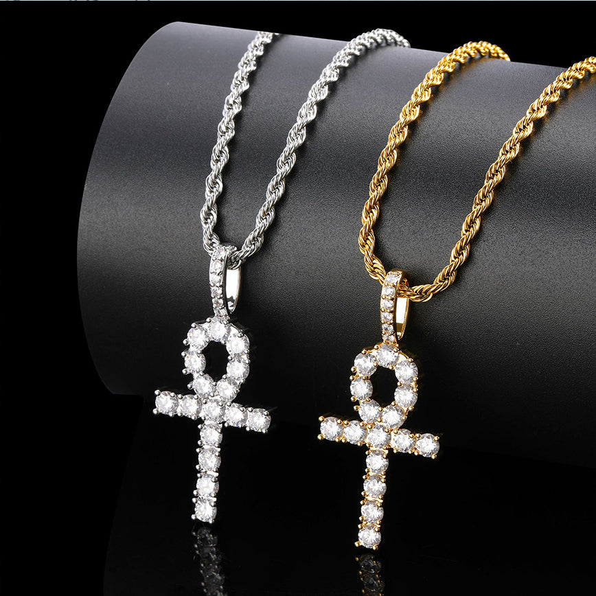 White Gold Iced Out Ankh Cross Pendant Necklace