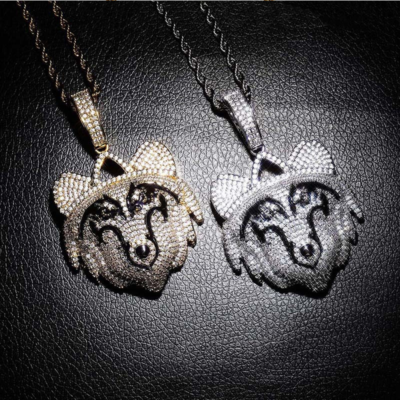White Gold Iced Wolf Pendant Tripodjewelry